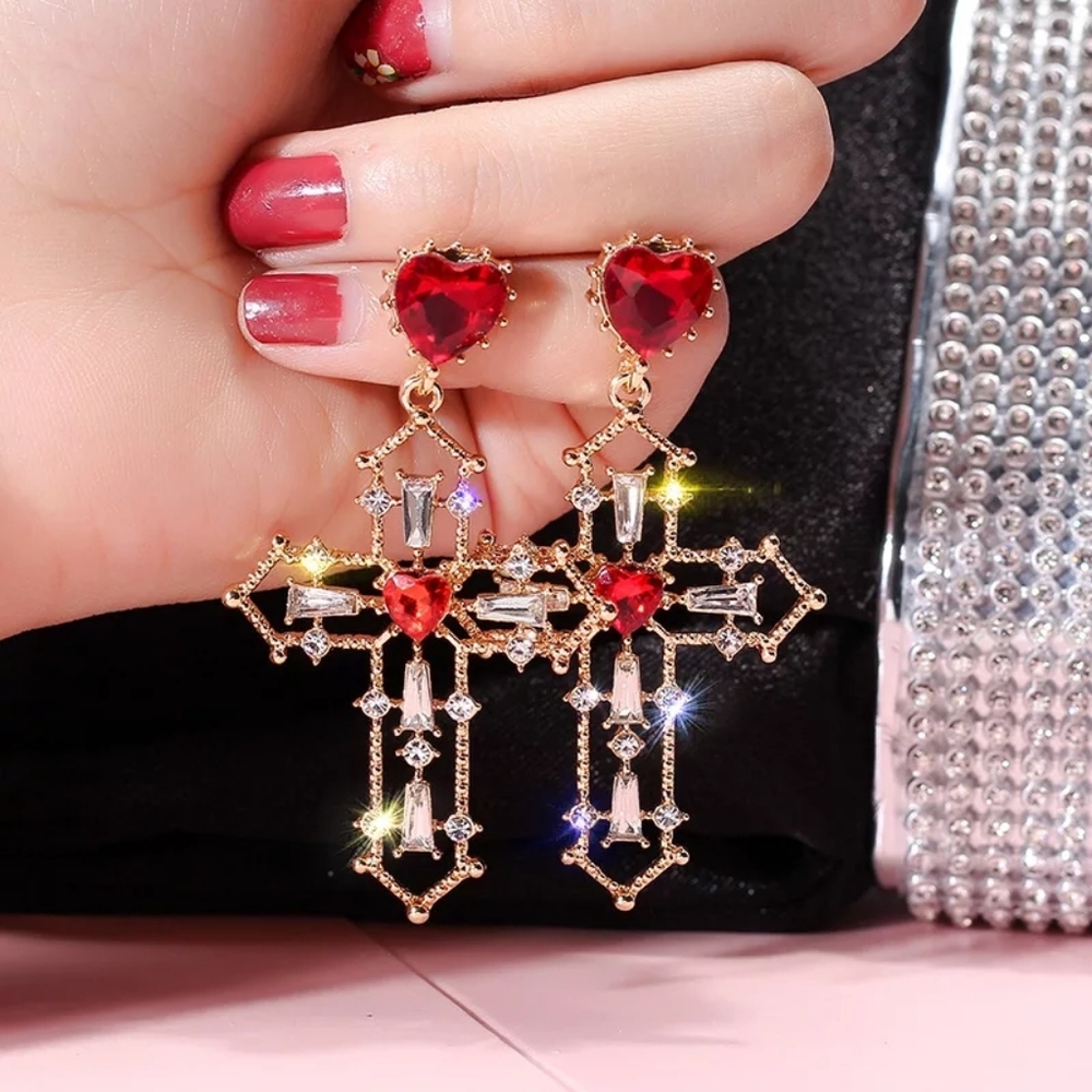Gothic Ruby Red Cross My Heart Earrings